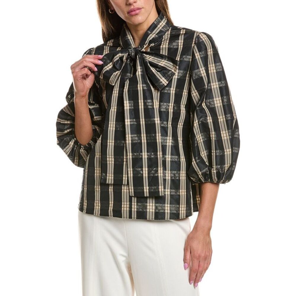 Red Valentino Womens  Plaid Puff Sleeve Top, Black